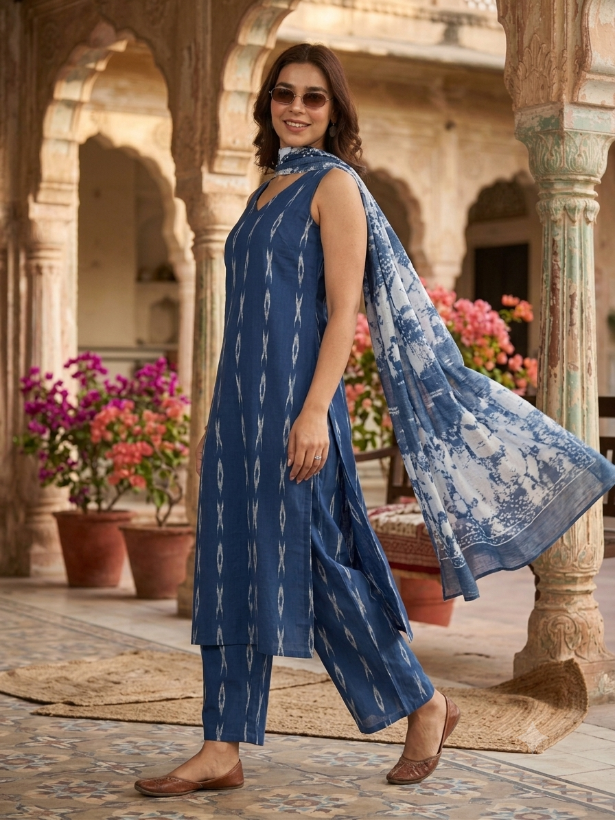Blue Woven Design Cotton Straight Suit with Dupatta