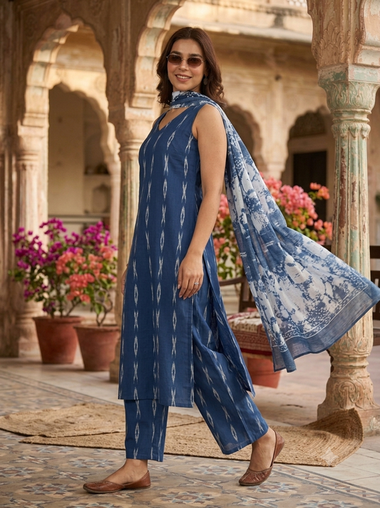 Blue Woven Design Cotton Straight Suit with Dupatta