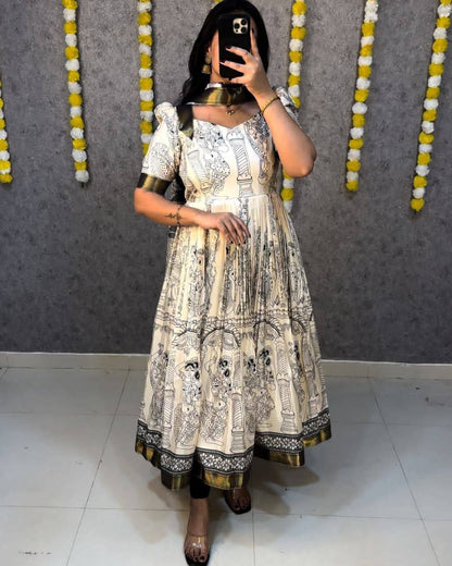 White Cotton Kalamkari Print Anarkali Gown For Women