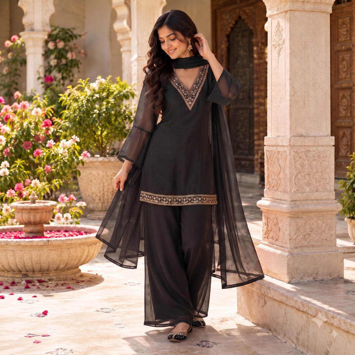 Midnight Black Georgette Sharara Set