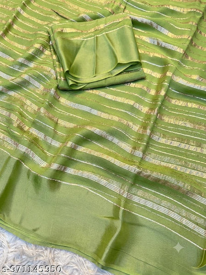 Green Silk Zari Striped Saree With Unstitched Blouse