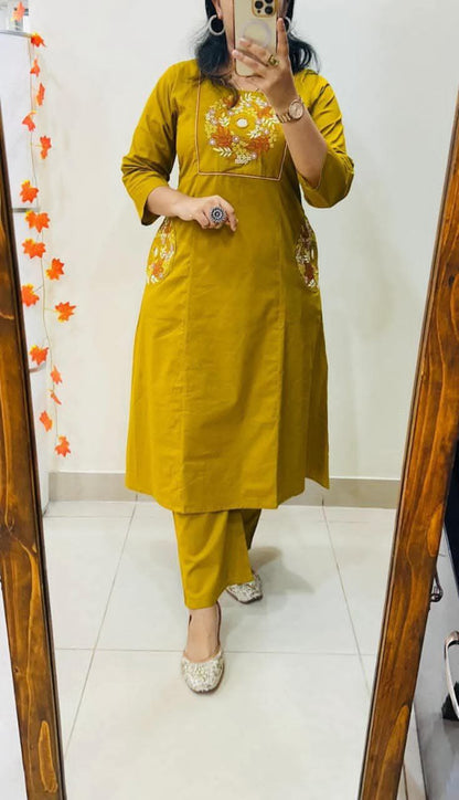 Cotton slub embroidered top with palazzo