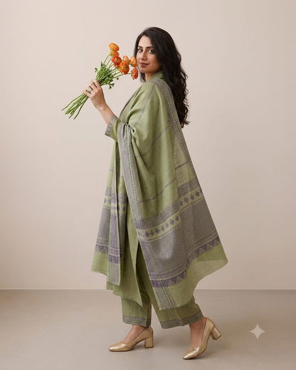 Green Cotton Straight Kurta Palazzo Set With Dupatta For Women