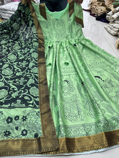 Green Kalamkari Print Anarkali Gown With Dupatta For Women