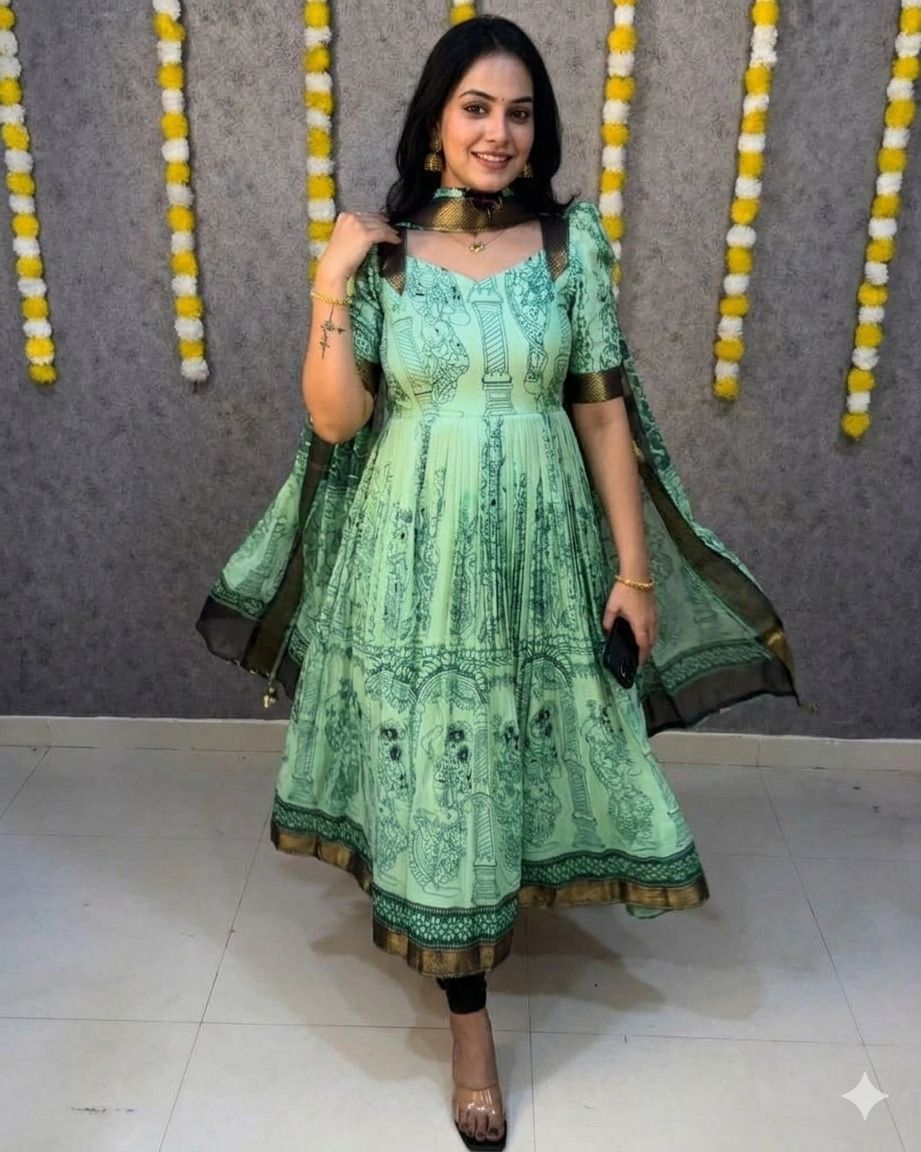 Sea Green Kalamkari Print Silk Anarkali Gown With Dupatta For Women
