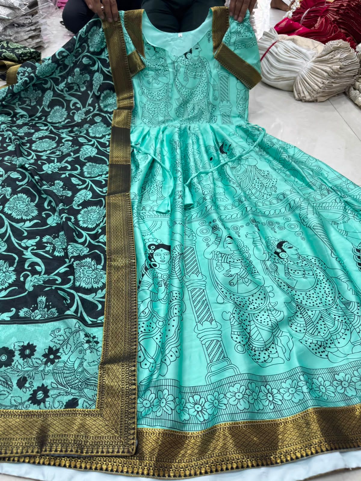 Sea Green Kalamkari Print Silk Anarkali Gown With Dupatta For Women
