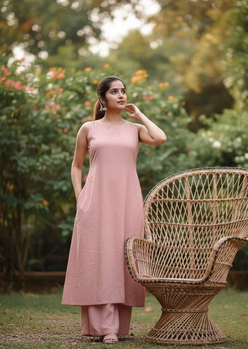 Pink Cotton Sleeveless Kurta With Palazzo Set For Women