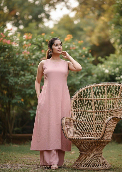 Pink Cotton Sleeveless Kurta With Palazzo Set For Women