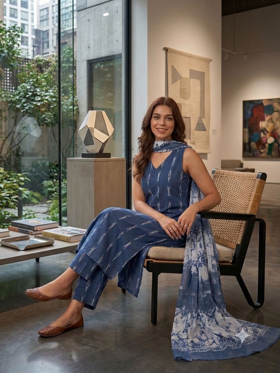 Blue Woven Design Cotton Straight Suit with Dupatta