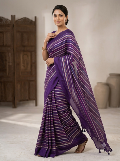 Purple Silk Gold Striped Woven Saree With Blouse Piece For Women