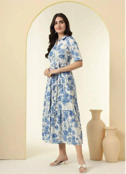 Blue Floral Print Tiered Maxi Shirt Dress For Women