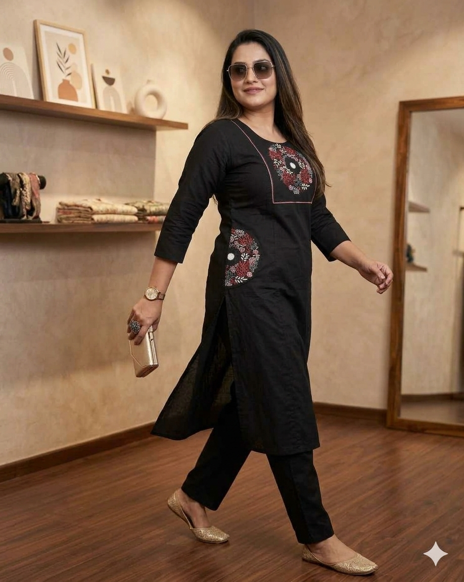 Cotton slub embroidered top with palazzo