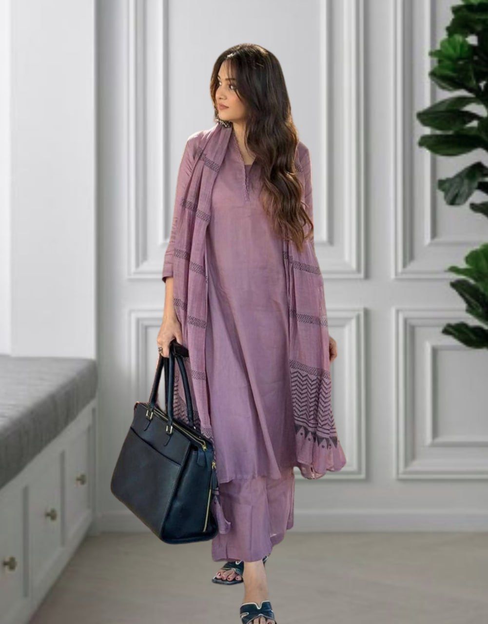 Purple Cotton Printed Straight Kurta Palazzo Set With Dupatta For Women