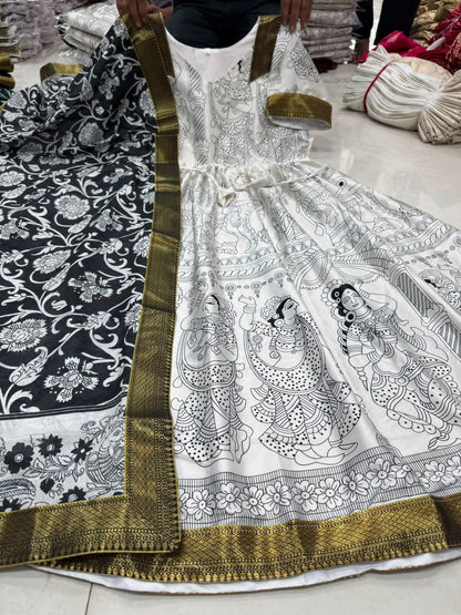 White Cotton Kalamkari Print Anarkali Gown For Women