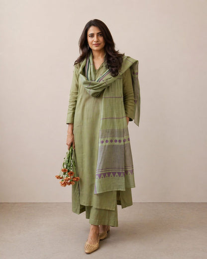 Green Cotton Straight Kurta Palazzo Set With Dupatta For Women