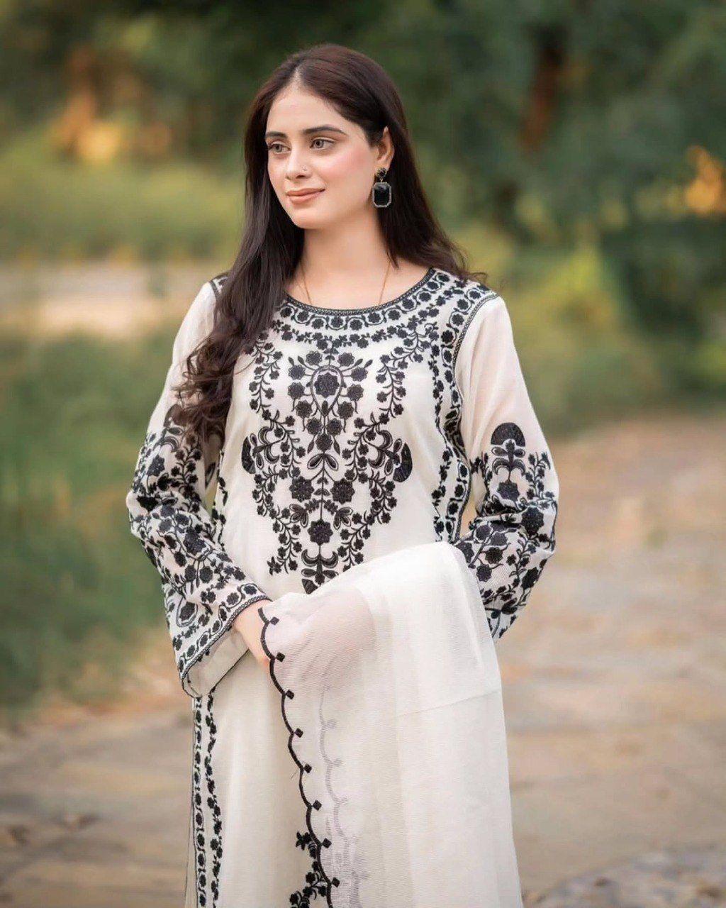 White And Black Cotton Embroidered Straight Kurta With Dupatta For Women