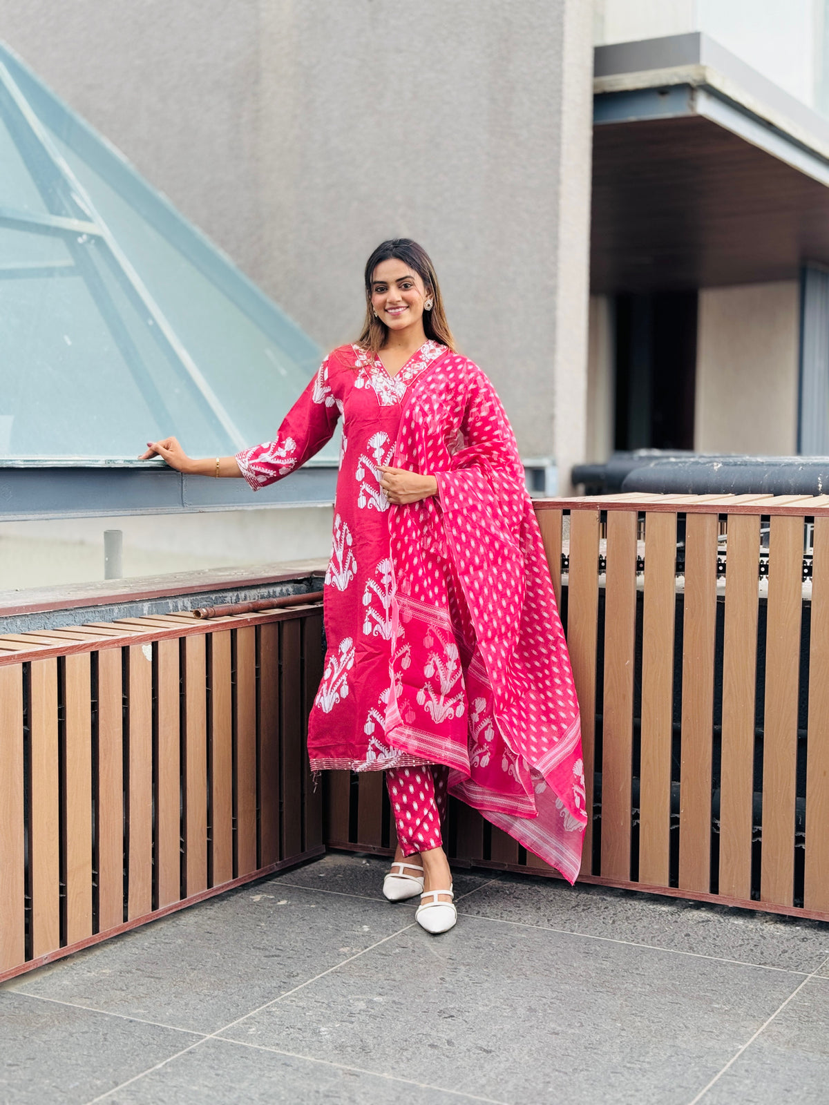 coral Pink Embroidered Kurta Set with Tonal Dupatta
