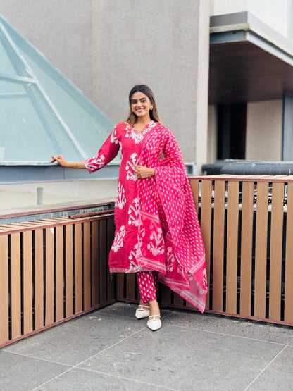 coral Pink Embroidered Kurta Set with Tonal Dupatta