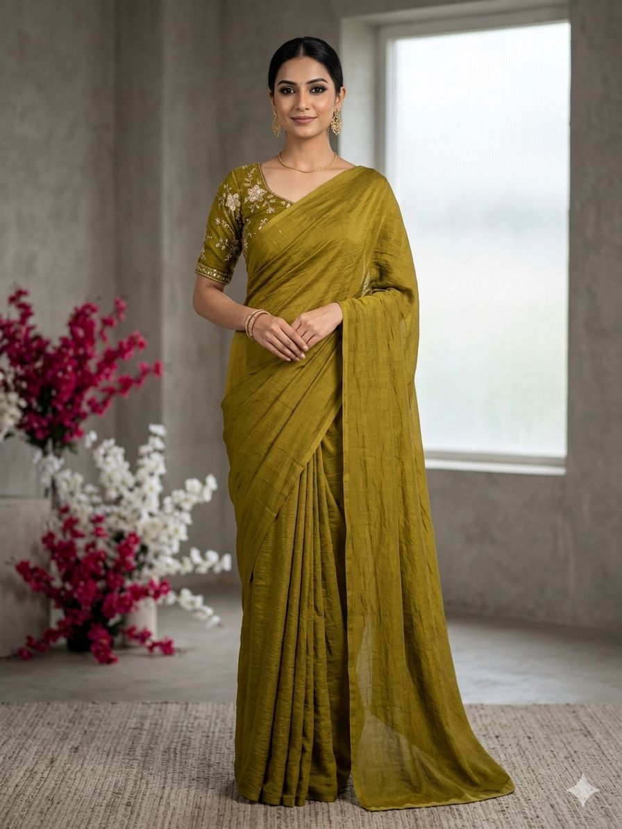RANGOLI CRUSH SOLID SAREE WITH SEQUENCE EMBROIDERED BLOUSE
