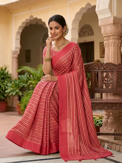 Red Silk Golden Zari Striped Border Saree For Women