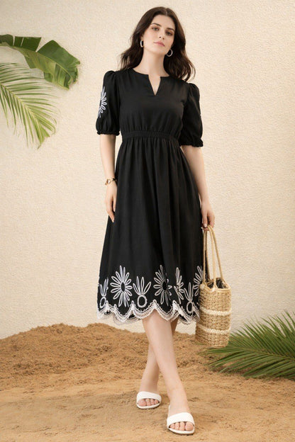 Black Cotton Floral Embroidered Puff Sleeve Midi Dress For Women