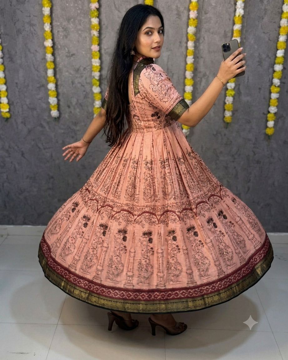 Pink Printed Zari Border Anarkali Gown For Women