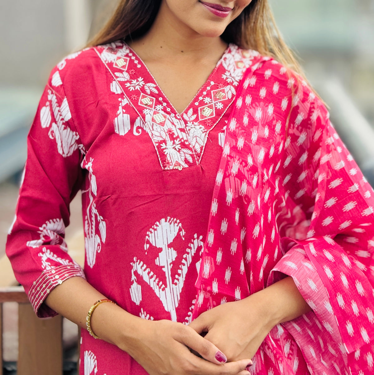 coral Pink Embroidered Kurta Set with Tonal Dupatta