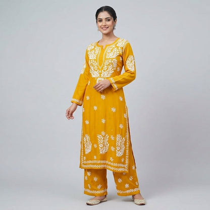 Yellow Chikankari Embroidered Kurta Palazzo Set For Women