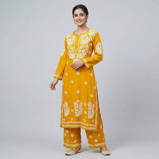 Yellow Chikankari Embroidered Kurta Palazzo Set For Women