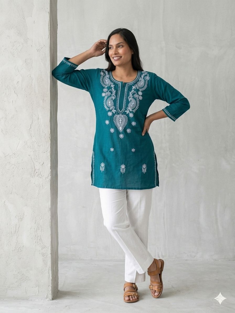 Teal blue Short Kurtas With White Chikankari Embroidery  Work