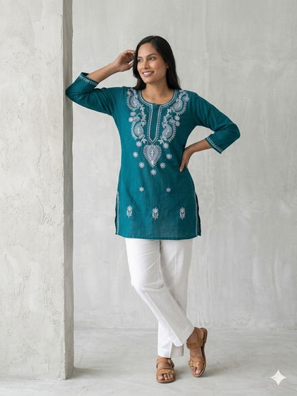 Teal blue Short Kurtas With White Chikankari Embroidery  Work