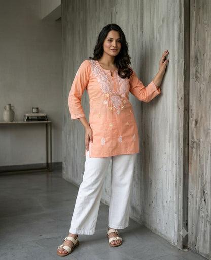 Peach Color Short Kurtas With White Chikankari Embroidery Work