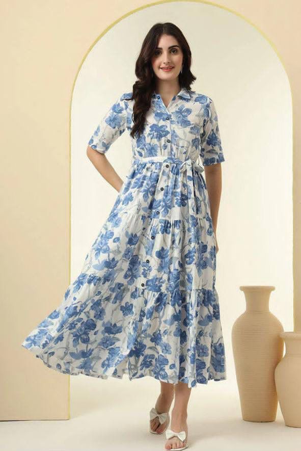 Blue Floral Print Tiered Maxi Shirt Dress For Women