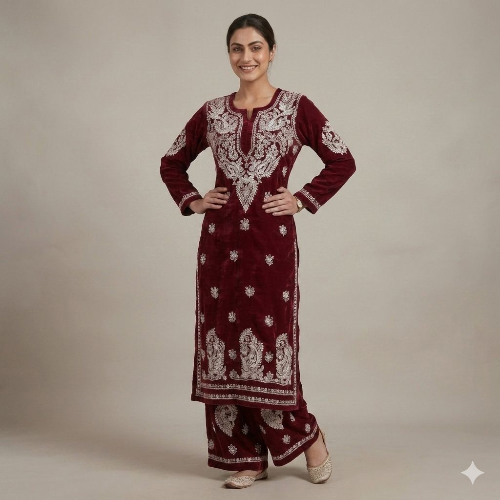 Maroon Cotton Chikankari Embroidered Kurta With Palazzo