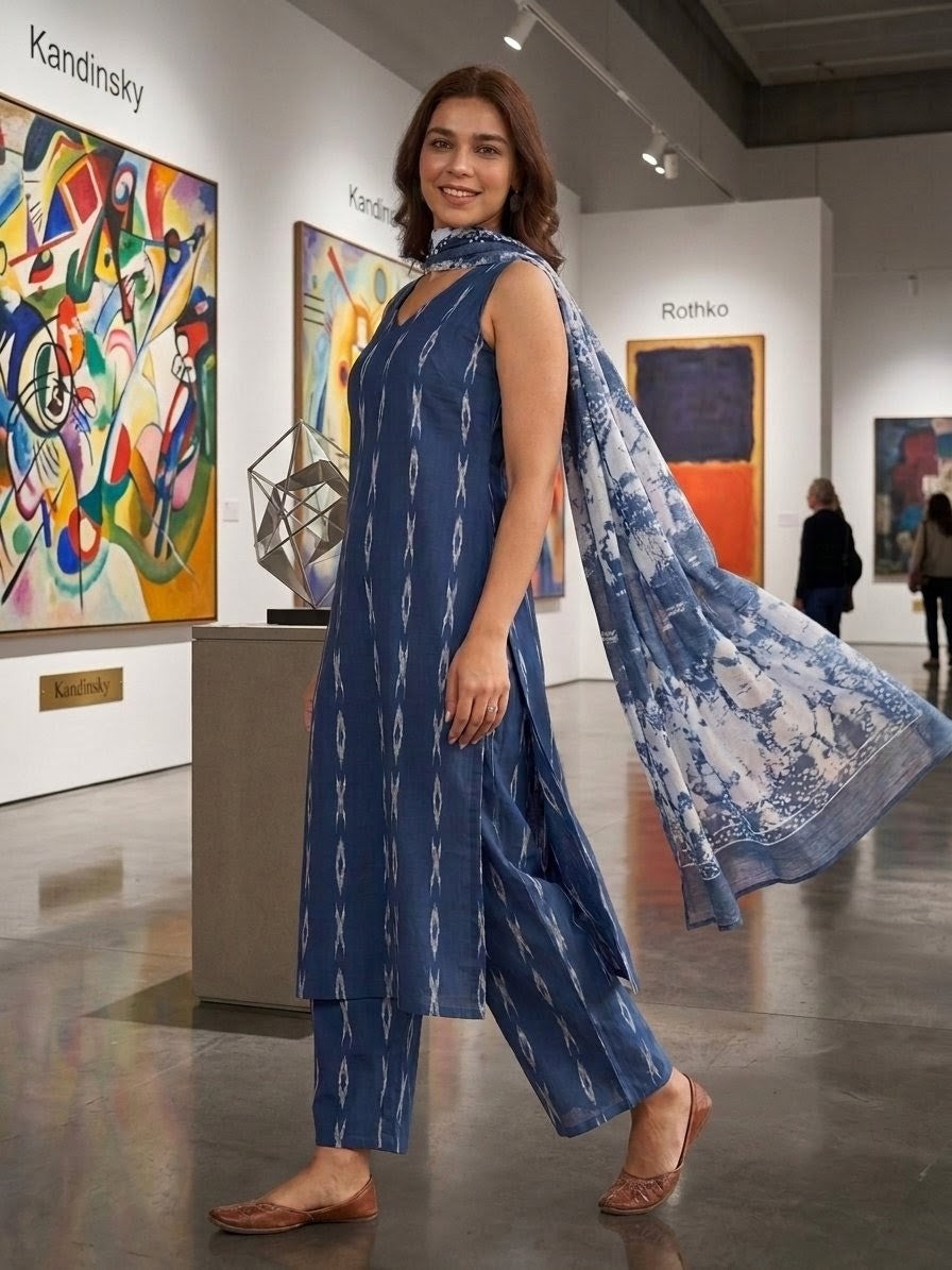 Blue Woven Design Cotton Straight Suit with Dupatta