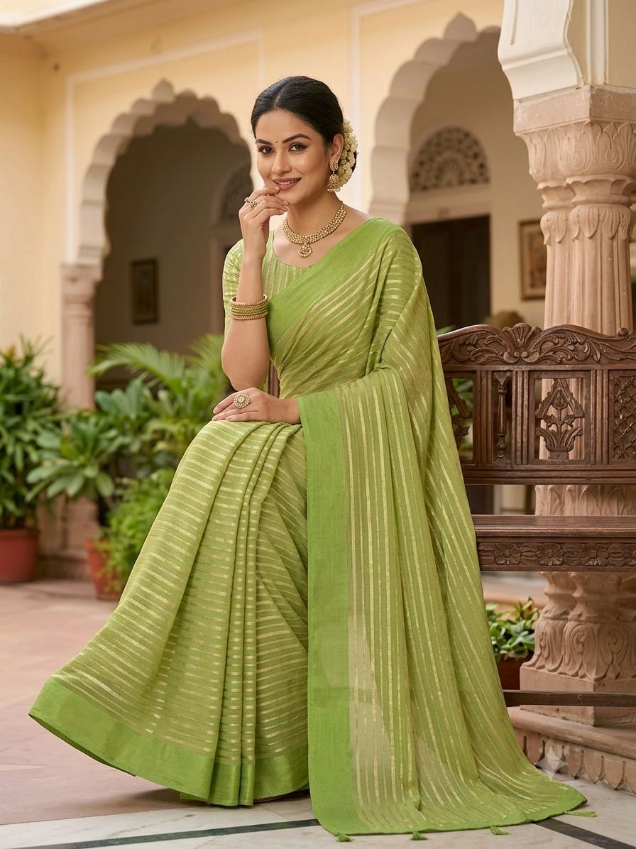 Green Silk Zari Striped Saree With Unstitched Blouse