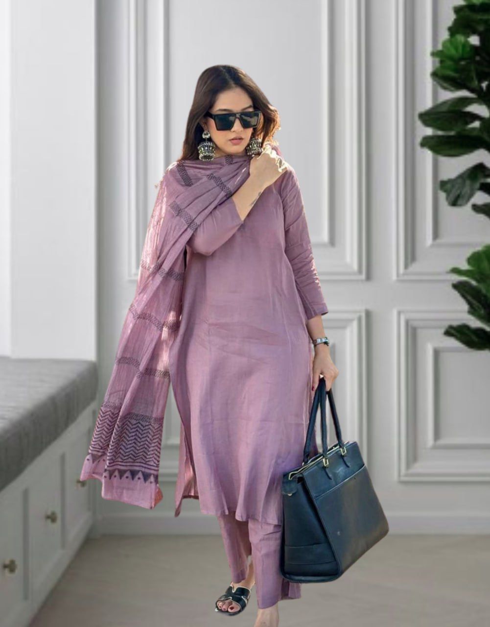 Purple Cotton Printed Straight Kurta Palazzo Set With Dupatta For Women