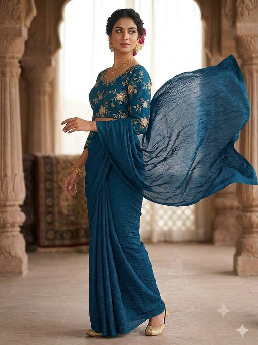 RANGOLI CRUSH SOLID SAREE WITH SEQUENCE EMBROIDERED BLOUSE