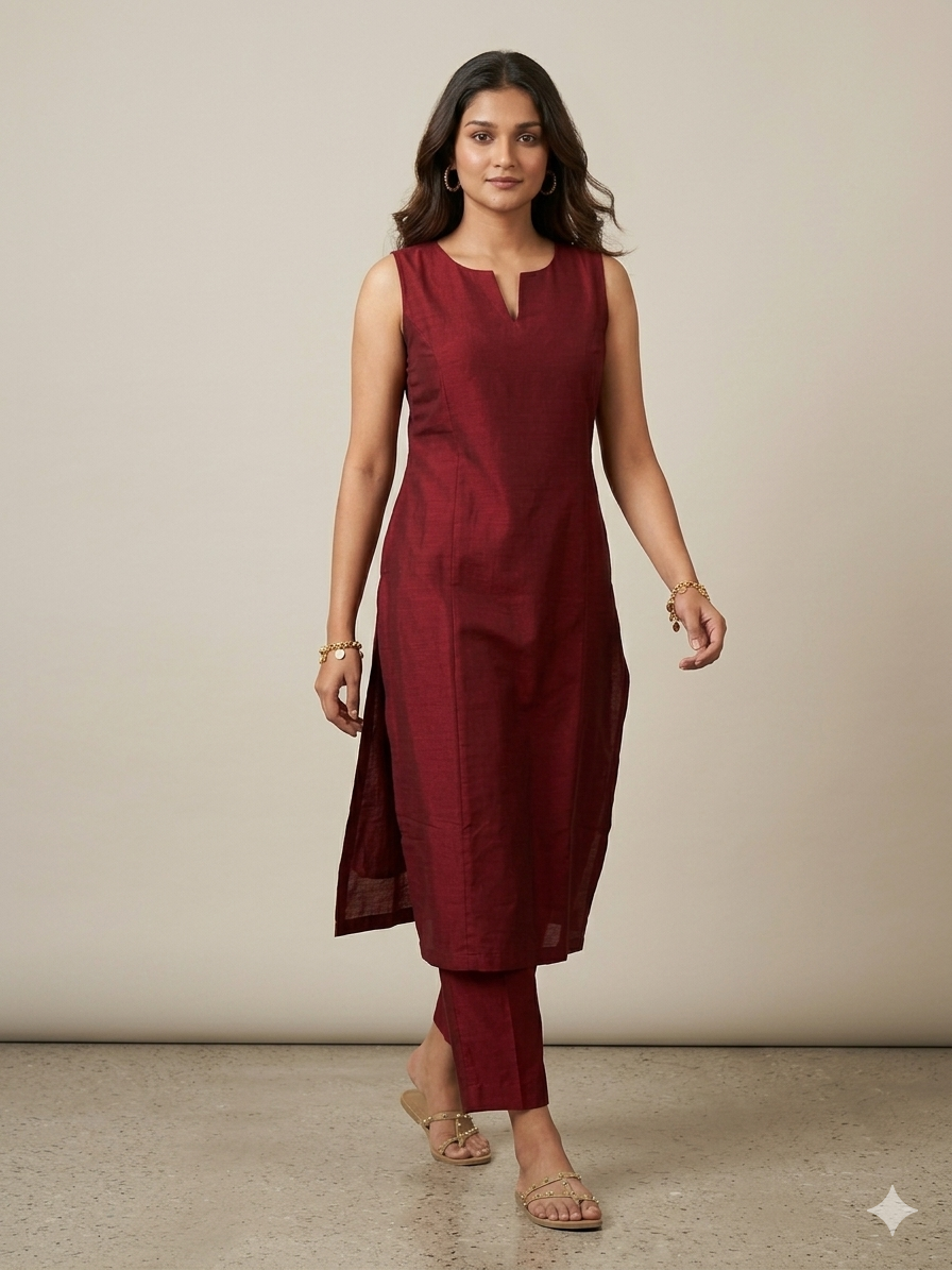 Sleeveless kurti with pants.