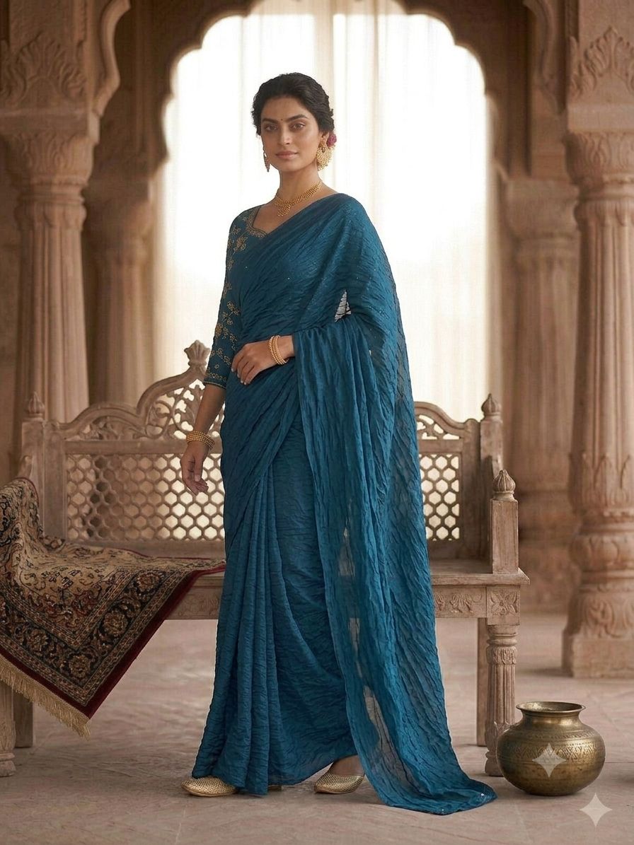 RANGOLI CRUSH SOLID SAREE WITH SEQUENCE EMBROIDERED BLOUSE
