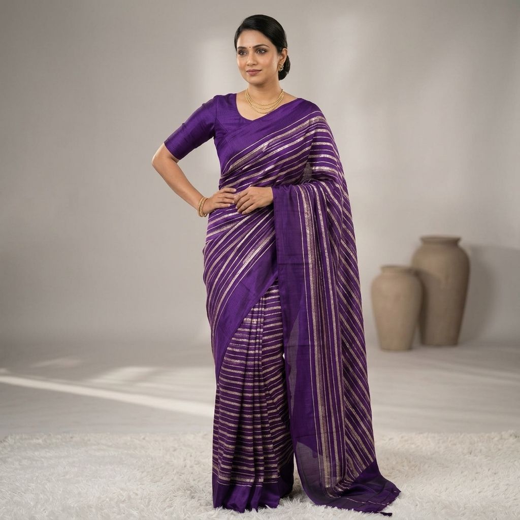 Purple Silk Gold Striped Woven Saree With Blouse Piece For Women