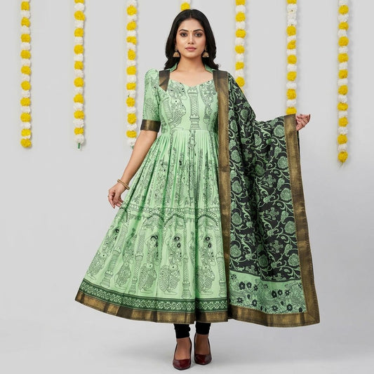 Green Kalamkari Print Anarkali Gown With Dupatta For Women