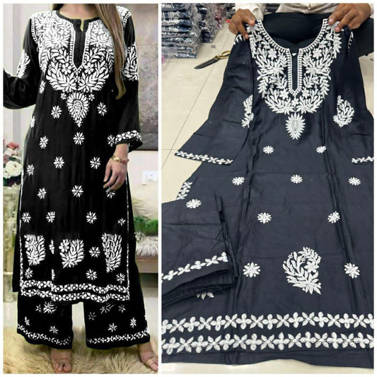 Black Cotton Chikankari Embroidered Kurta Palazzo Set For Women