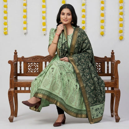 Green Kalamkari Print Anarkali Gown With Dupatta For Women