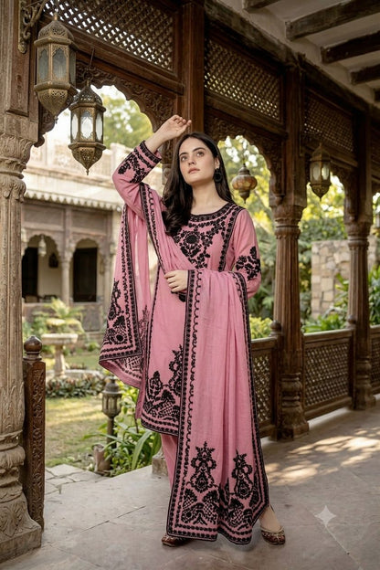 Pink And Black Embroidered Straight Kurta Pant Dupatta Set For Women