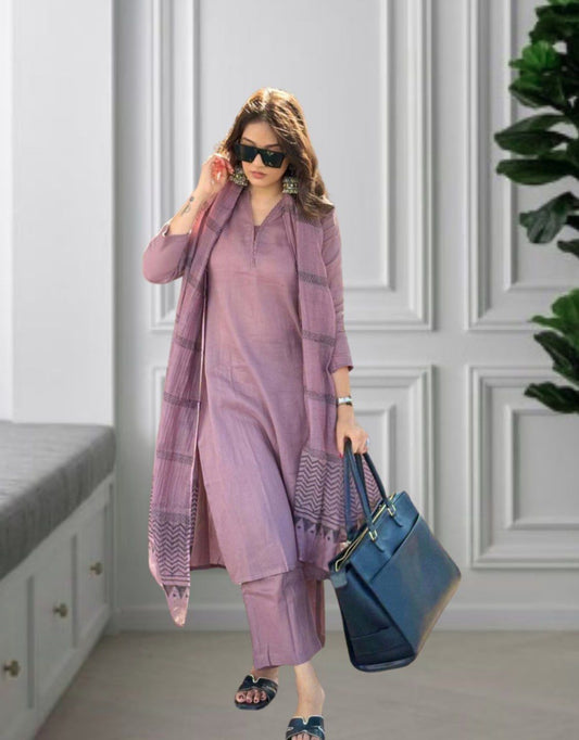 Purple Cotton Printed Straight Kurta Palazzo Set With Dupatta For Women