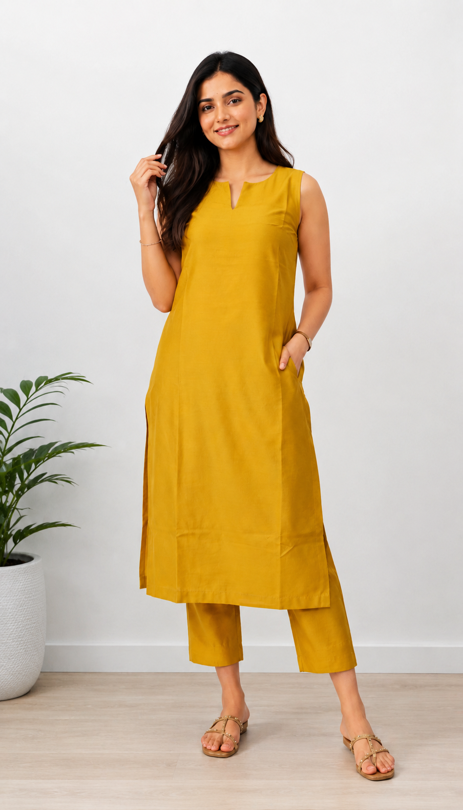 Sleeveless kurti with pants.