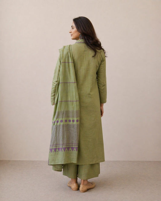 Green Cotton Straight Kurta Palazzo Set With Dupatta For Women