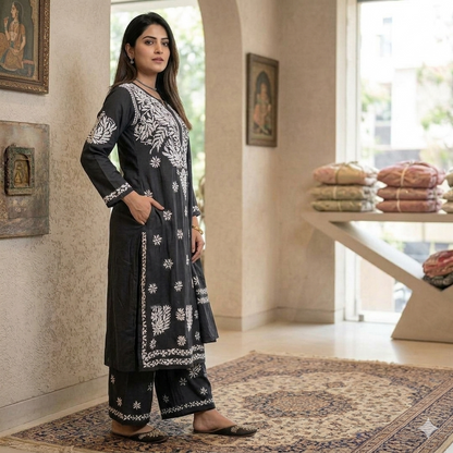 Black Cotton Chikankari Embroidered Kurta Palazzo Set For Women