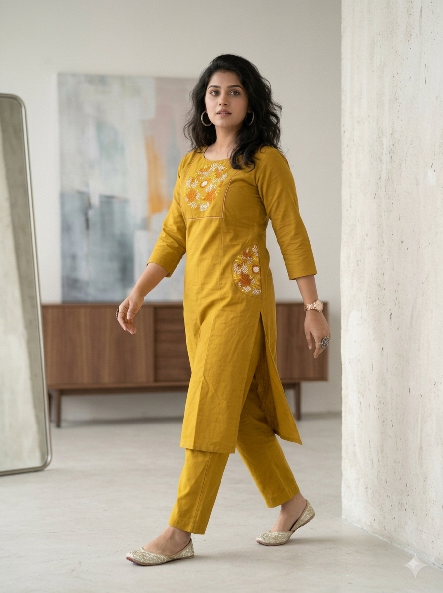 Cotton slub embroidered top with palazzo